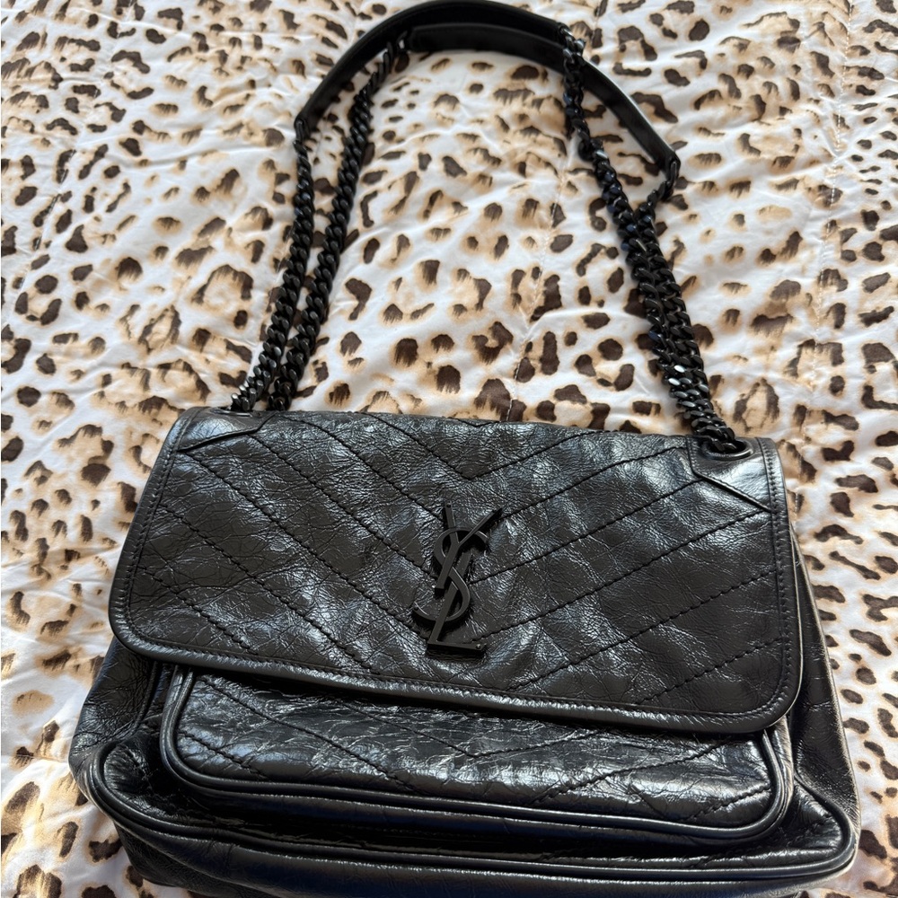 SAINT LAURENT Niki Medium Flap YSL Shoulder Bag in Crinkled Leather